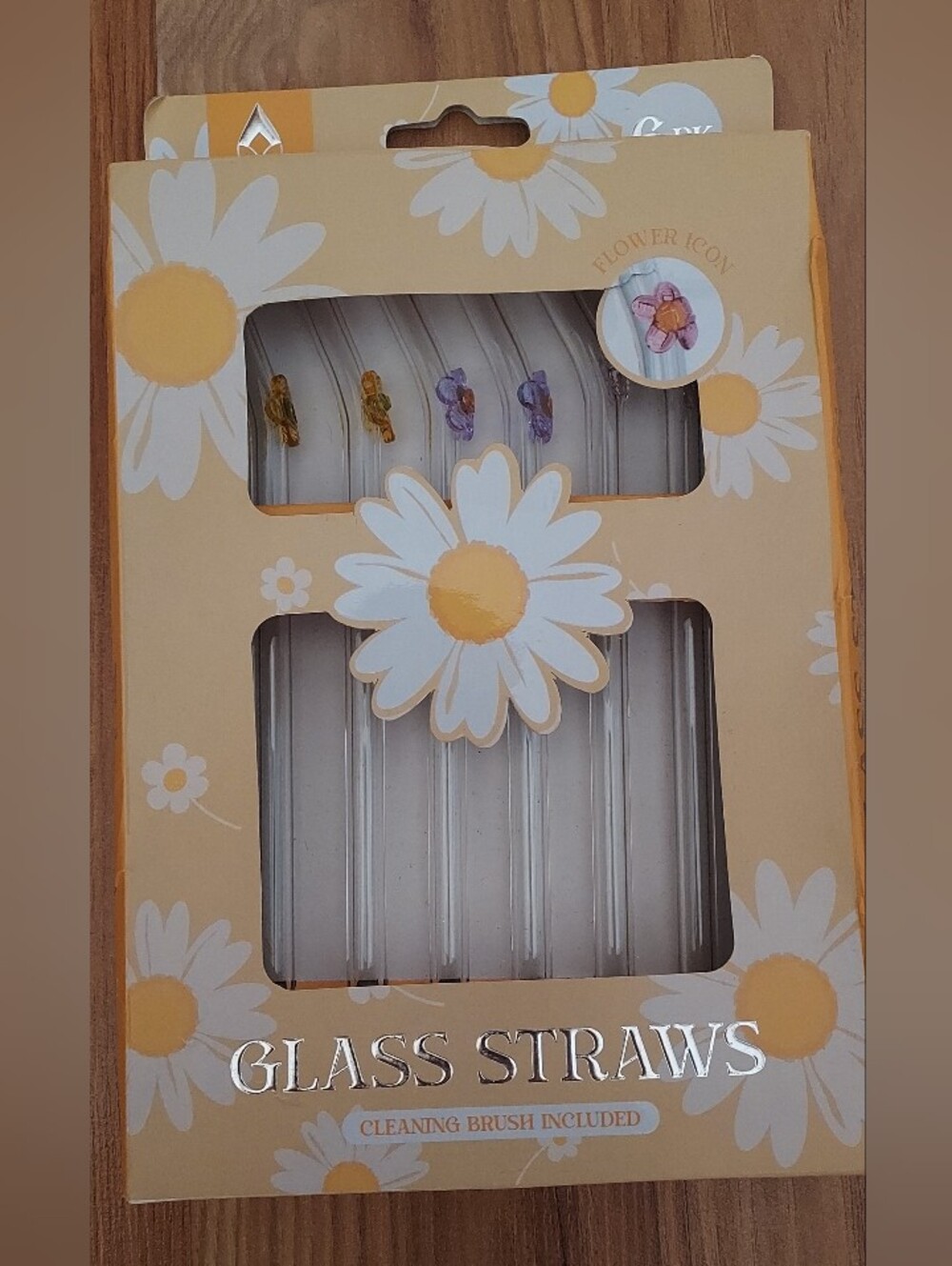 Glass Straws Flower Icons Cleaning Brush Included Set of 6 Barware Beverage